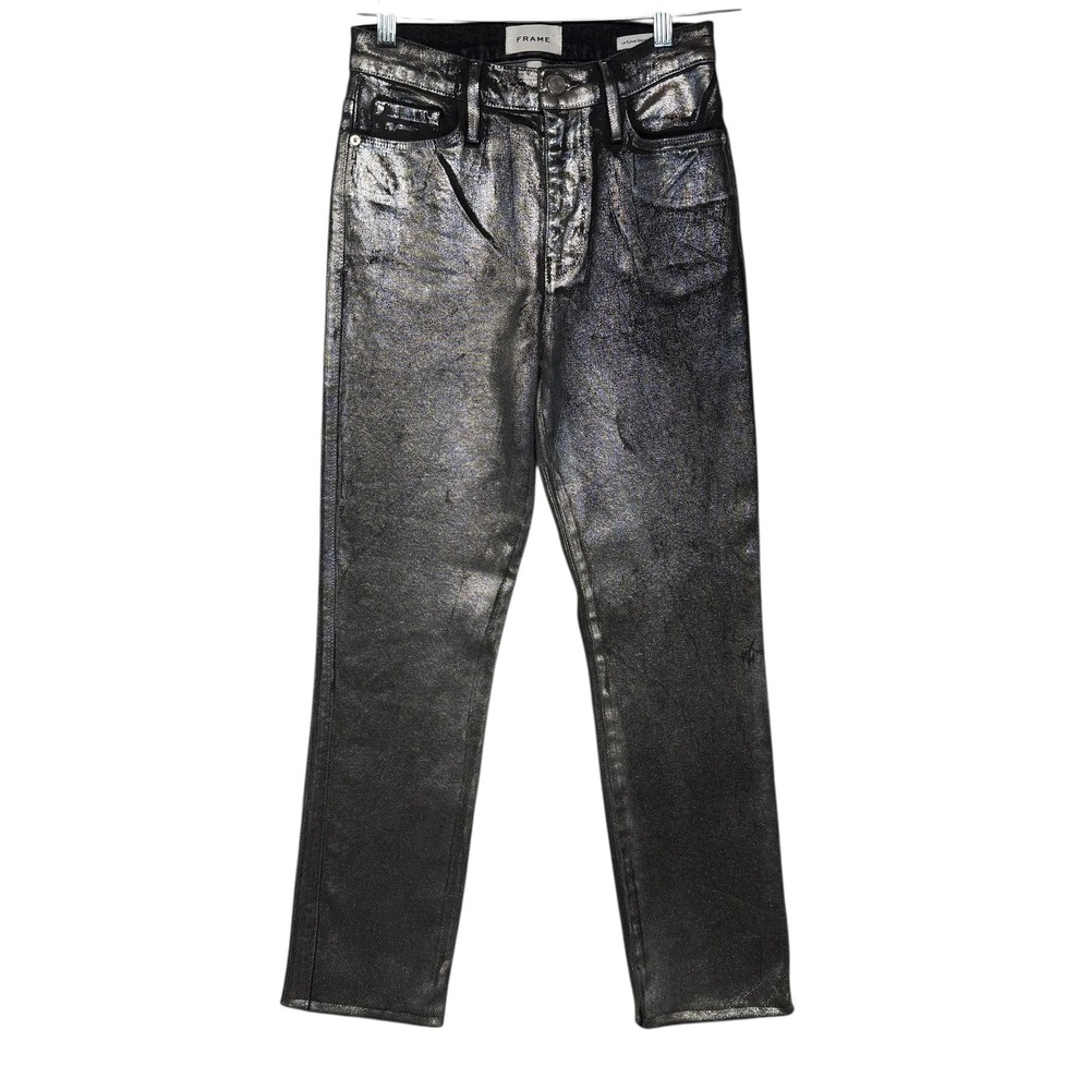 FRAME Le Sylvie Slender Straight Metallic Silver Jeans Edgy‎ Feminine 25